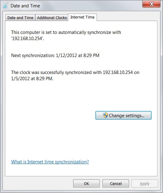 On the internet time tab click the change settings button to enter the address of your local NTP server.
