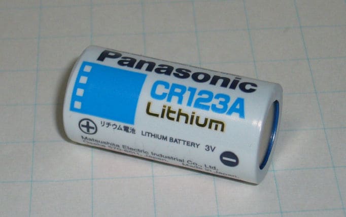 CR123A 3 volt non-rechargeable lithium battery. These are often used in cameras and wireless sensors for security alarms.
