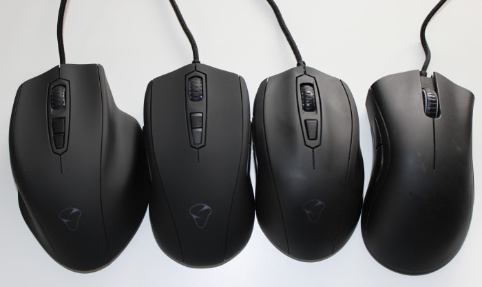 This is a picture I recently took to show the difference in shape, starting right to left, of the Razer DeathAdder, Mionix Castor, Avior, and Naos 7000.