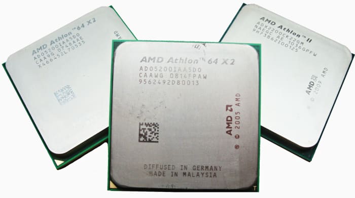 Processors made by AMD, Advanced Micro Devices. AMD is the second largest manufacturer of microprocessors, smaller only than Intel.