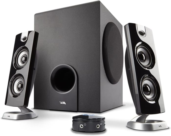 The Cyber Acoustics 30W (CA-3602A) is great for a small to medium-sized room. The system is available online for a very affordable price. I bought one of these systems for my bedroom several years back and it hasn't disappointed me.