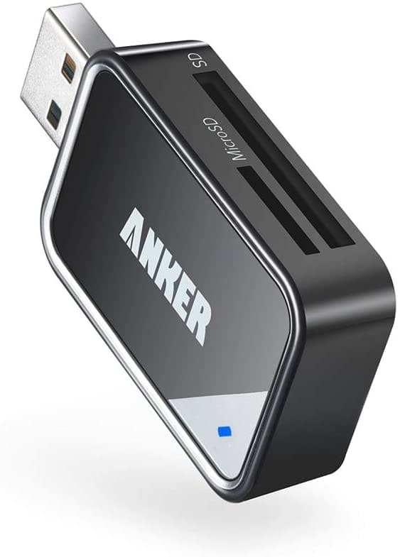 The Anker 2-in-1 USB 3.0 SD Card Reader is for SDXC, SDHC, SD, Micro SDHC Card, MMC, RS-MMC, Micro SDXC, Micro SD, and UHS-I Cards.
