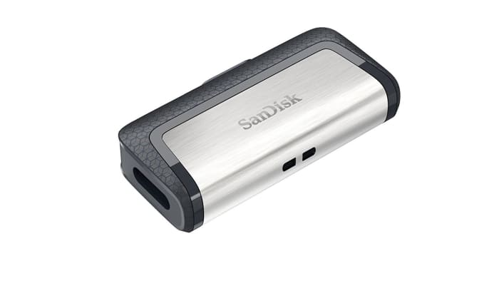 I use a SanDisk Ultra 32GB Dual Drive when I want to store and transfer data. The great thing about this flash drive is that you can switch it between USB-C and USB-3 using a slider to enable the setting that you want.