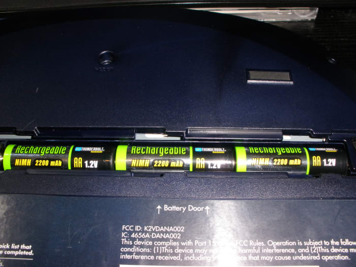 Following Vance Fry's instructions, I've modified my AlphaSmart Dana Wireless to use off the shelf AA NiMH batteries to replace the original battery pack, while still being able to charge them in my Dana.