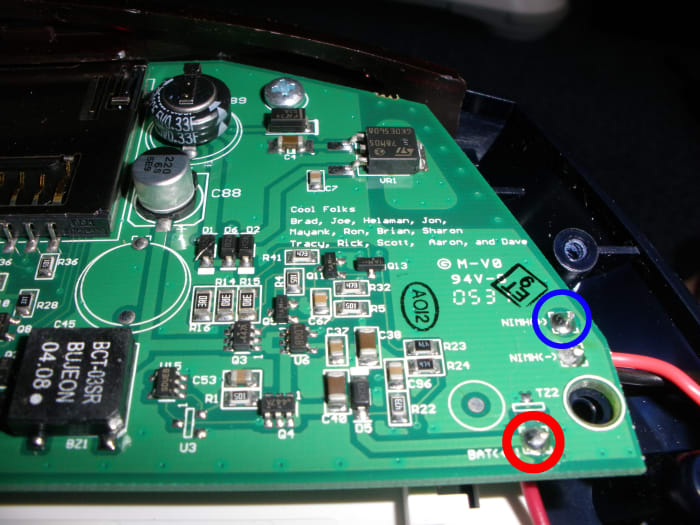 I first used my soldering iron to heat up the solder pad in the red circle and as it melted, I gently pulled the red wire from the motherboard. Then soldered my new wire on to the solder patch in the blue circle.