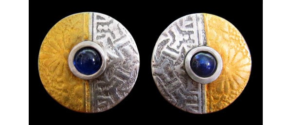 Fine silver earrings from PMC silver metal clay, set with lab sapphire cabochons and embellished with 24K gold keum-boo.