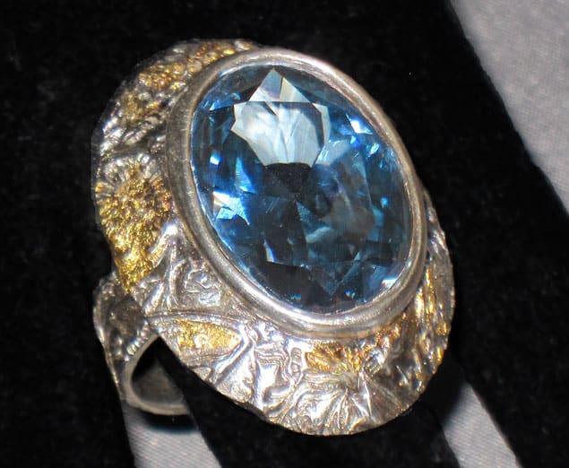 Bold fine silver cocktail ring from metal clay, set with 25 x 18 mm blue topaz CZ and embellished with 24K gold keum-boo created at a workshop taught by Barbara Becker Simon at La Ruche Davis.