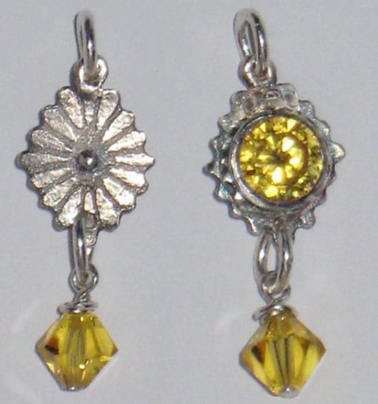 Fine silver charm (both sides shown) from metal clay, set with a tall citrine CZ and embellished with a crystal bead drop