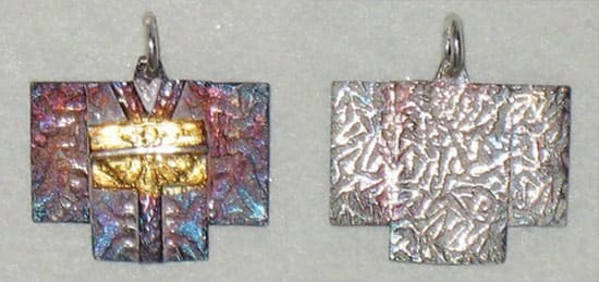 Fine silver metal clay kimono earrings textured with three different tear-away textures and embellished with 24k gold keum-boo.