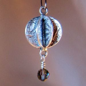 Fine silver metal clay balloon charm textured on both sides with tear-away textures and embellished with a vintage Swarovski crystal bead.