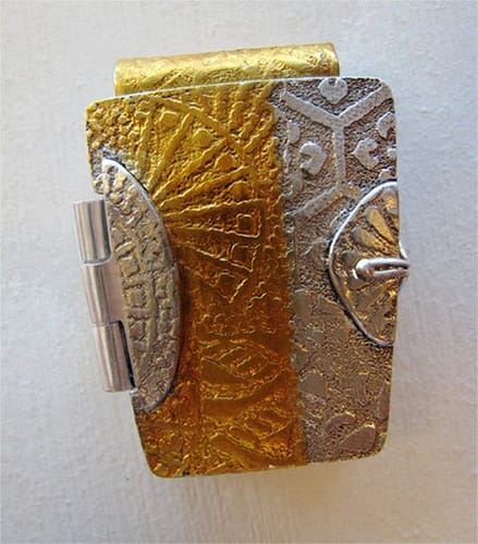 Attaching hinges is a perfect application for using homemade metal clay oil paste, as I did on this hinged fine silver and gold locket made from PMC3 silver clay and 24K gold keum-boo foil.