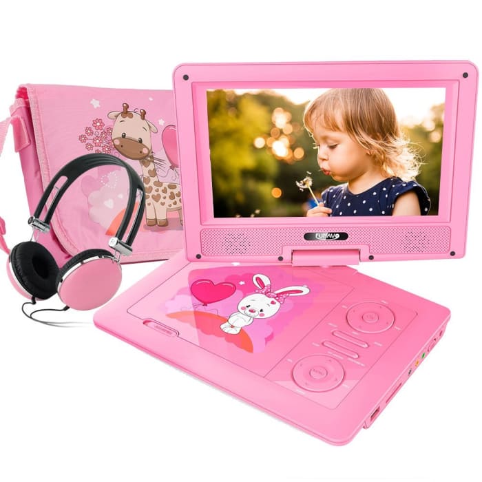 The FUNAVO 10.5". The FUNAVO was a great buy. The picture quality and audio are good, and it comes with matching headphones and carry case. The swivel screen is relatively large for a portable, and easy for my young daughter to use.