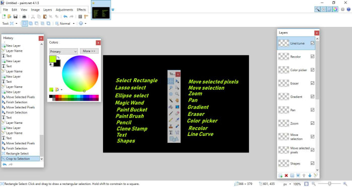 Click on this photo to expand it and be able to read it more easily. It provides an explanation for the four different shortcut boxes on Paint.net.