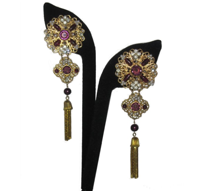 Vintage-inspired, one-of-a-kind, extremely dramatic formal drop earrings, a custom commission for a mother of the bride.