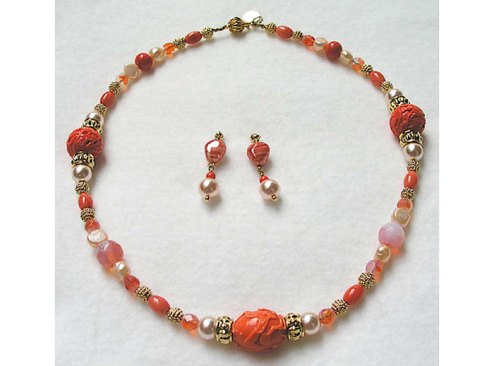 1950s style necklace and earrings with genuine vintage glass beads, pearls and textured brass spacers, designed by Margaret Schindel