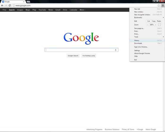 The menu options in Google Chrome are simple and straightforward, with "History" easy to find.