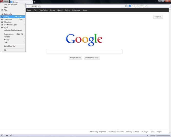Opera's well-organized user menu makes it easy to find the "History" option.