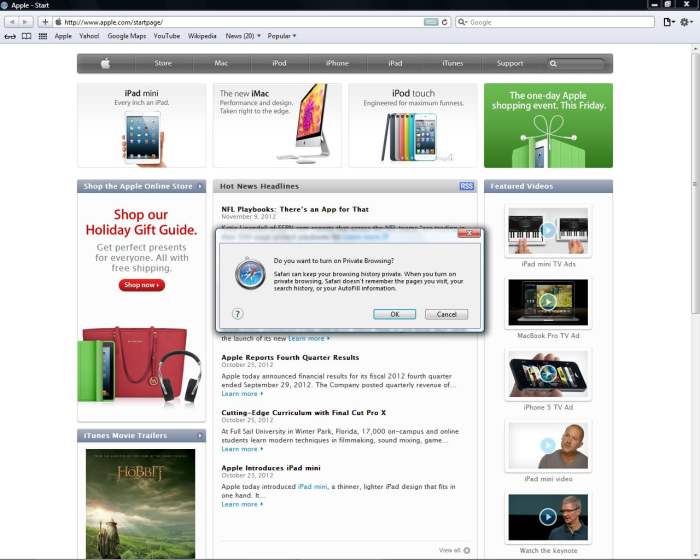 Safari also has its own private browsing option, simply called "Private Browsing".
