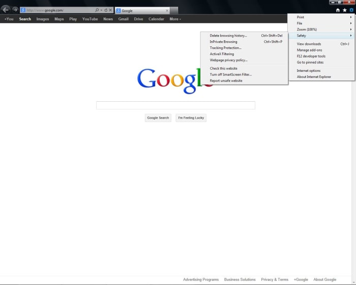 In Internet Explorer, the privacy and browsing settings are found under the option "Safety".