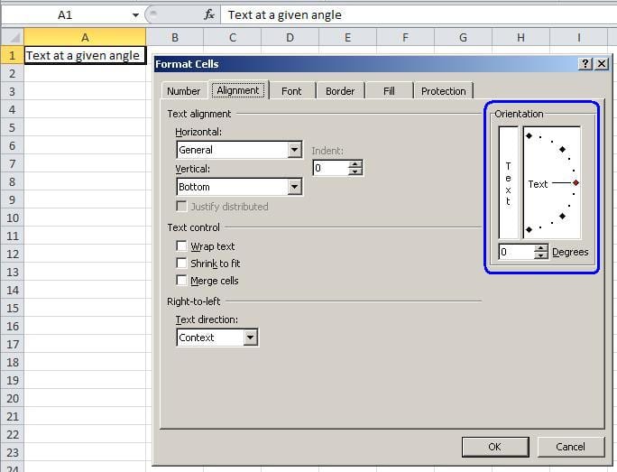 angle text in excel file