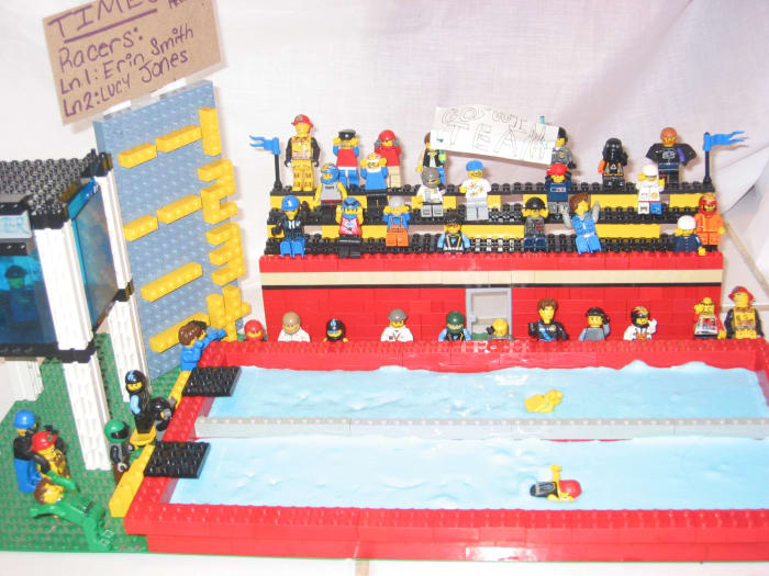 Swimming Pool Scene. We used blue slime to make the water on this set. You can use things other than Lego bricks to make your movies.