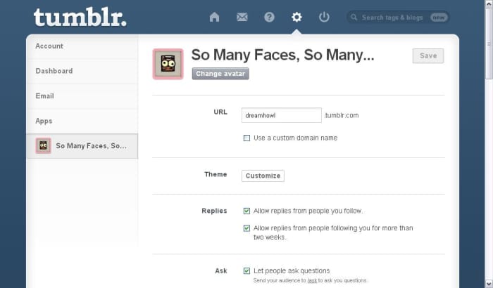 Clicking the gear above the dashboard brings you to your Tumblr account settings.
