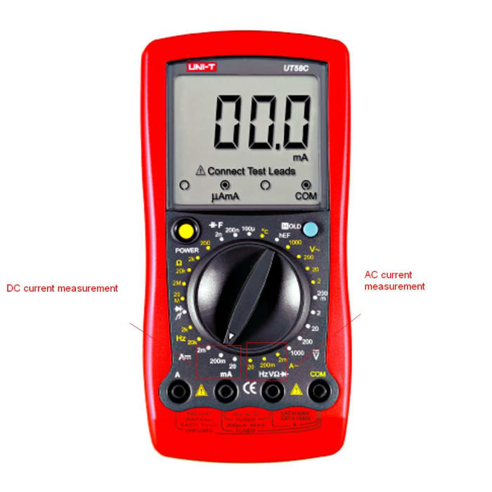 A UT58C digital multimeter - the DC current values are located at the left, and the AC current values at the right.