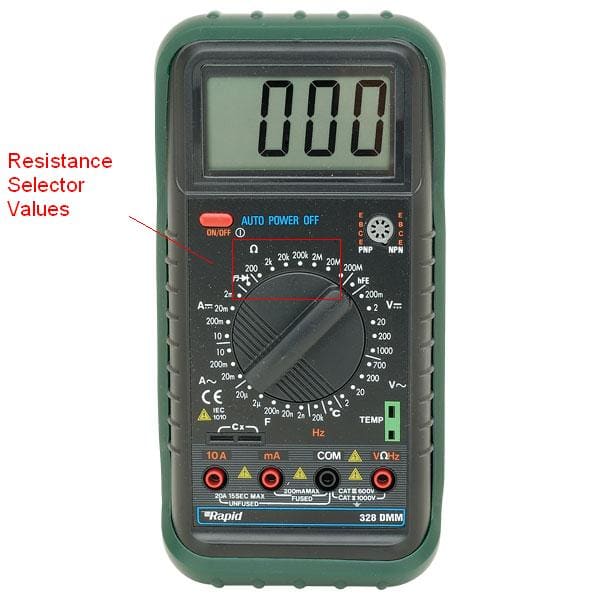 The rotating knob positions for measuring resistance. This particular multimeter unit also includes a frequency meter near the bottom of the selector, with an F sign.