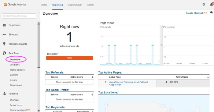 Google Analytics Real Time shows instant, real time info about visitors to your site. Select "real time" and then one of the sub menu items. "Overview" gives general information