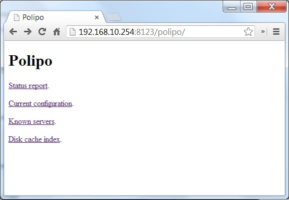 The Polipo web interface can be accessed by connecting to the LAN IP of the server on port 8123 using a browser.