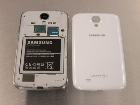 A good look at the back of the S4 with no cover. The Micro SD card slot is located above the battery, and next to the SIM card slot.