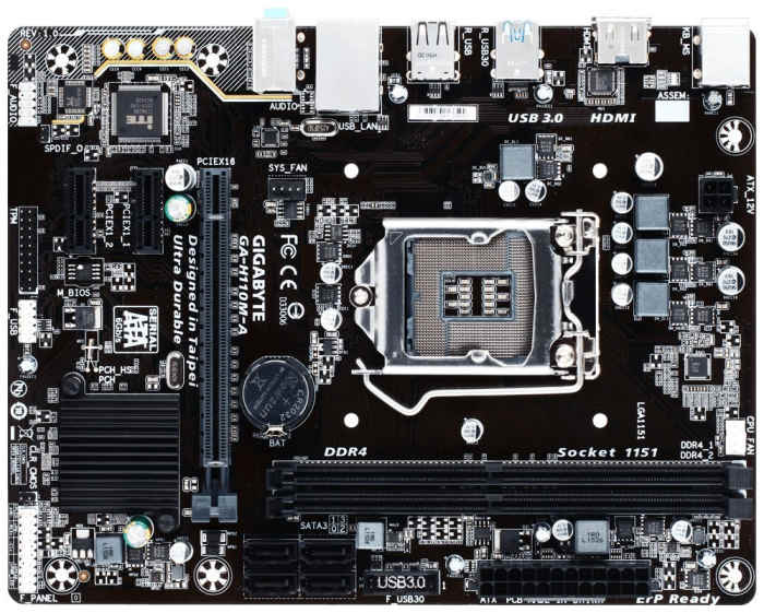 The Gigabyte GA-H110M-A is small but supports Skylake processors and gives you a lot of bang for your buck.