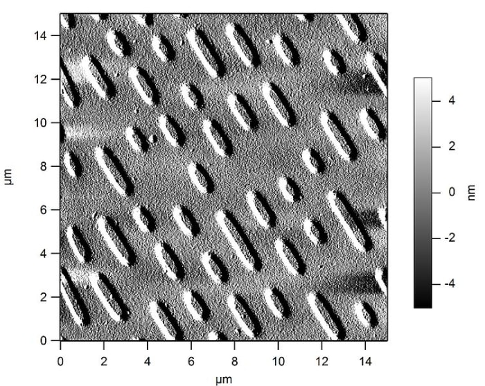Electron microscope image of a CD. Data is stored as "pits" on the CD. Pits are approximately 100nm deep, 500 nm wide and 850nm to 3.5 microns long
