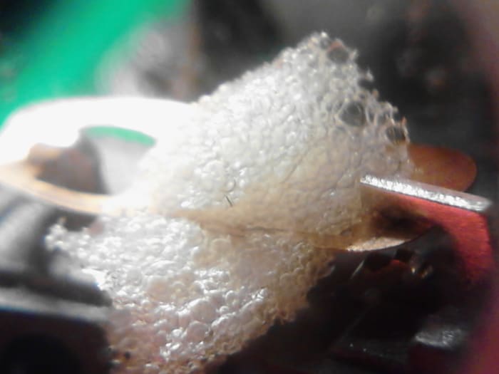 Notice how the foam piece is now pulled about half way through the metal contact piece. Make sure no foam has been jammed in between the metal contacting points of the switch.