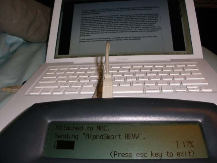 My AlphaSmart Neo2 rapidly retyping the rough draft for this Hub into OpenOffice. It flew along, re-typing 1500 words in just slightly over 1 minute.