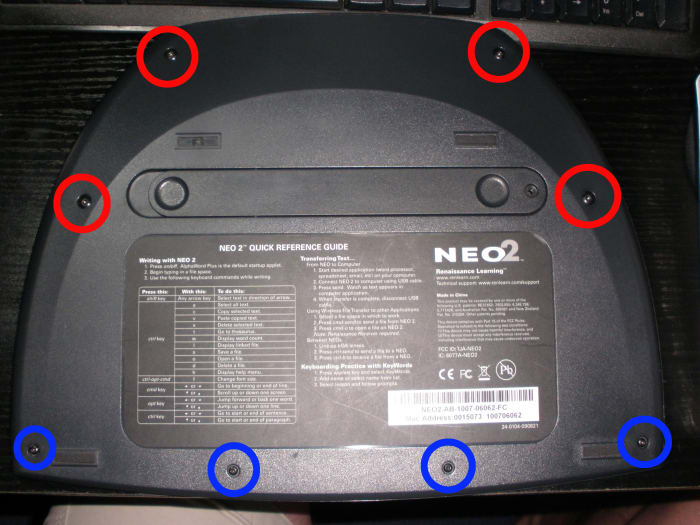 Remove the four T10 screws that are circled in red, as well as the four T6 screws circled in blue. The battery door screw doesn't need to be removed on the Neo2 to take the back panel off, mine was just missing this screw when I purchased it used.