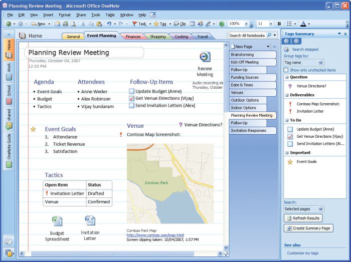 Microsoft OneNote lets you move text and images to any location on a page. Additionally, you can insert a variety of iconography to call out to create visual flags associated with the text on the page.