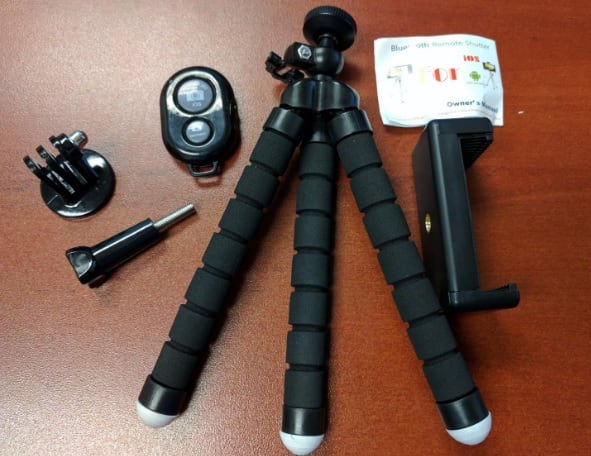 The UBeesize tripod has octopus style legs you can use to mount it just about anywhere. The remote allows you to step back away from your phone and control it from up to 30 feet away.