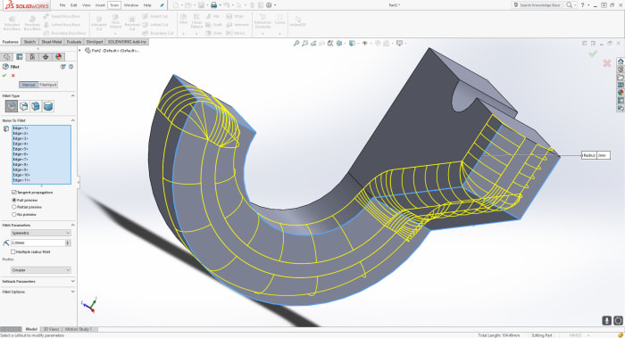 Exterior edges selected only for the Fillet. Interior ones don't need to be selected, since they will be joined with their mirrored parts