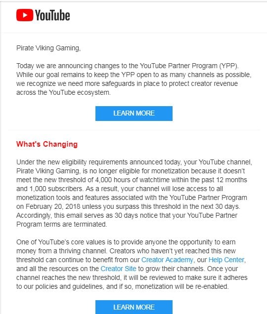 Small creators like me received this email telling us that we aren't big enough to make them money, it's a good thing I write articles that do make money!