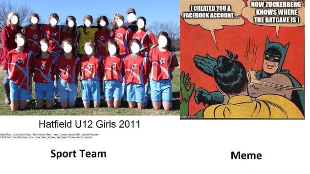 Examples of text on photos - adding names to a team photo (left) and a successful meme (right)