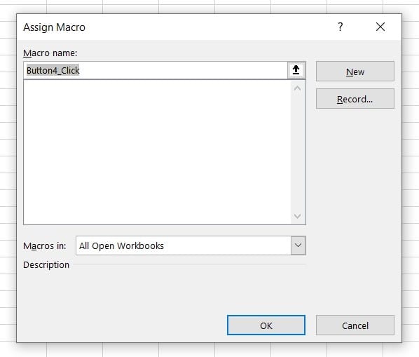 The assign macro window give you the options start a new macro by recording to your button or add Visual Basic code to your button. To add functionality to a button one of these options needs to be selected. Recording a macro also create a macro code