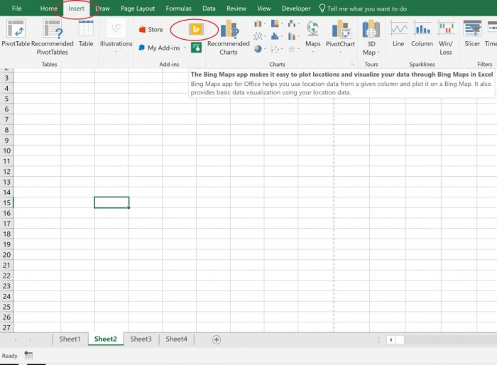 If your version of Microsoft Excel does not have the Bing Maps Add-in find the add-ins section under the insert tab and click on the "Get Add-ins" button. Use the search bar to search for Bing. Here you will be able to download the application.