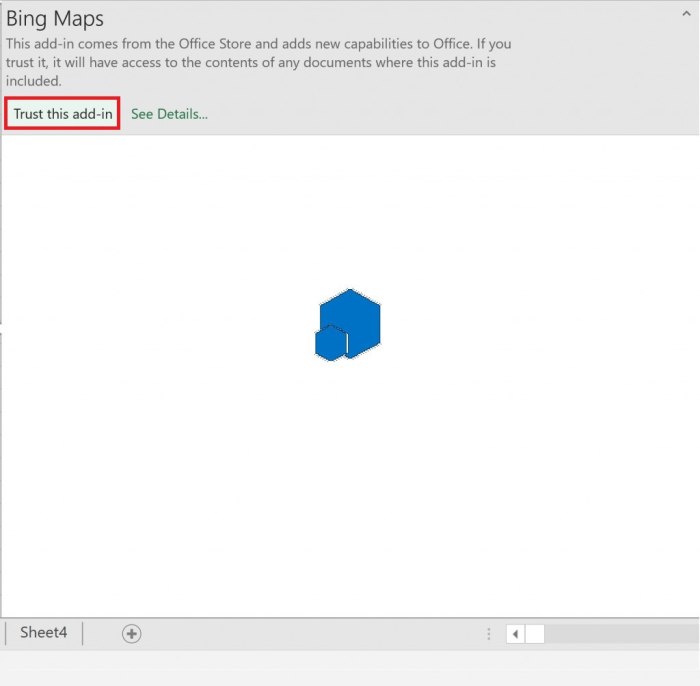 Microsoft has you trust the Bing Maps Add-in to assure that you understand that your data is not private. Remember that the Bing Maps Add-in has access to any content in the workbook that it is running in.