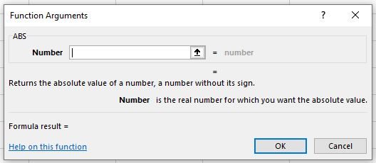 Inserting the ABS function from the formula tabs give you can advantage of not having to type the formula. The only data that needs to be entered into the functions arguments window is the numbers or cell references.