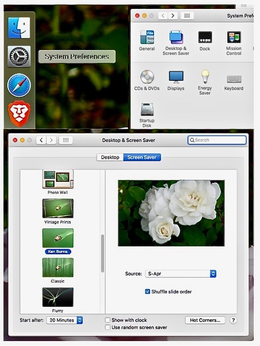 Here are some visuals to help you with the steps above. First System Preferences, then the desktop/screen saver icon, then the screen saver window itself.