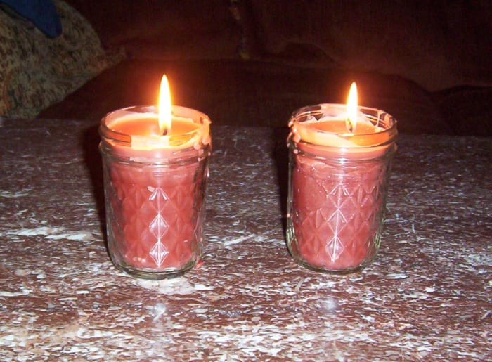 These two adorable jar candles were made using a mix of leftover waxes, new wicks and anchors, and some empty jam jars.