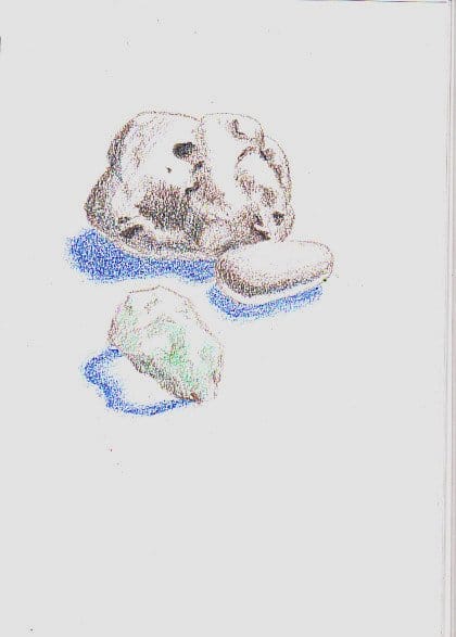 First tonal layers establishing cast shadows and core shadows on the rocks. Included are some dark little holes and cracks on the biggest rock.