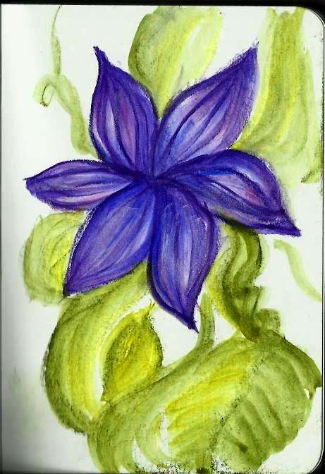 "Clematis" painting from YouTube video on Inktense Blocks, by Robert A. Sloan using Inktense Blocks, water brush on Derwent soft cover journal.