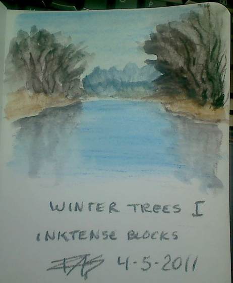 Winter Trees I, 3" x 4" in Inktense Blocks sketched and washed by Robert A. Sloan, on Derwent Soft Cover Art Journal.